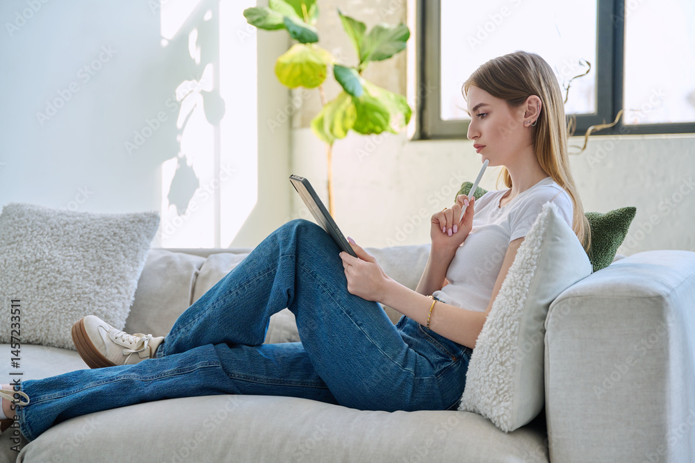 Young woman using digital tablet sitting on sofa at home