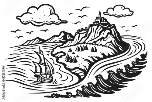105 Black and white illustration, woodcut style, Iceland map, rugged coastline, volcanic landscape, wavy texture, abstract geography, surreal island, ocean waves, miniature ships, cloud silhouettes, d