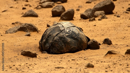 A large textured dark colored rock sits in desert sands photo