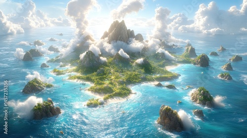 Tropical island paradise aerial view, ocean, clouds, sunlight, boats, travel brochure photo