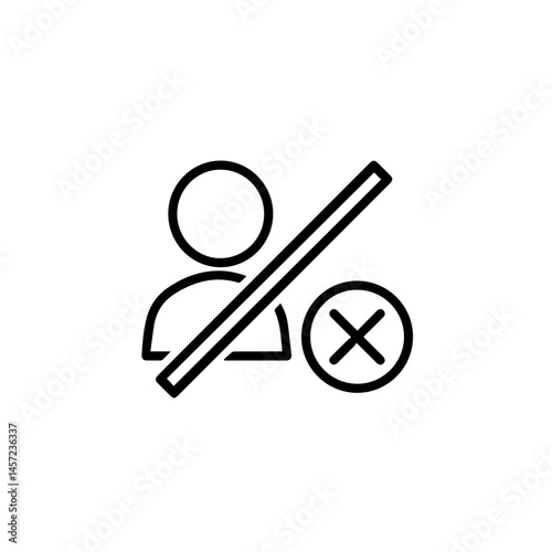 Delete user account icon. Simple line art graphic shows person symbol crossed out with large x mark.  This minimalist design is ideal for app interface, website design, or social media communication.
