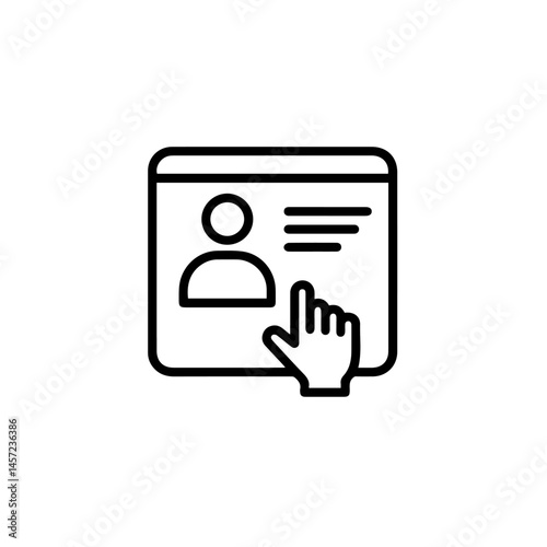 Online profile creation with simple hand cursor clicking on user icon and bio data fields.  Creating online profile includes user information input and profile picture selection. Simple online profile