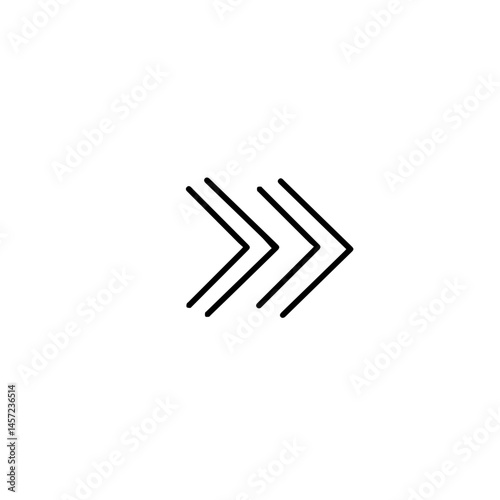 Three simple black arrows pointing right.  Arrows symbolize forward movement progress and direction.  Simple arrow design perfect for website navigation social media posts or app design. This design i