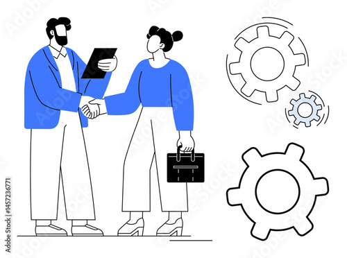 Two professionals shaking hands, holding documents and briefcase, large gears in motion representing collaboration. Ideal for business, teamwork, partnership, negotiation, cooperation, management