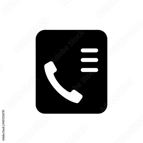 Simple black phone icon with contact list symbol.  This communication icon shows phone handset and menu lines inside square frame.  This minimalist design is perfect for mobile app interface or social