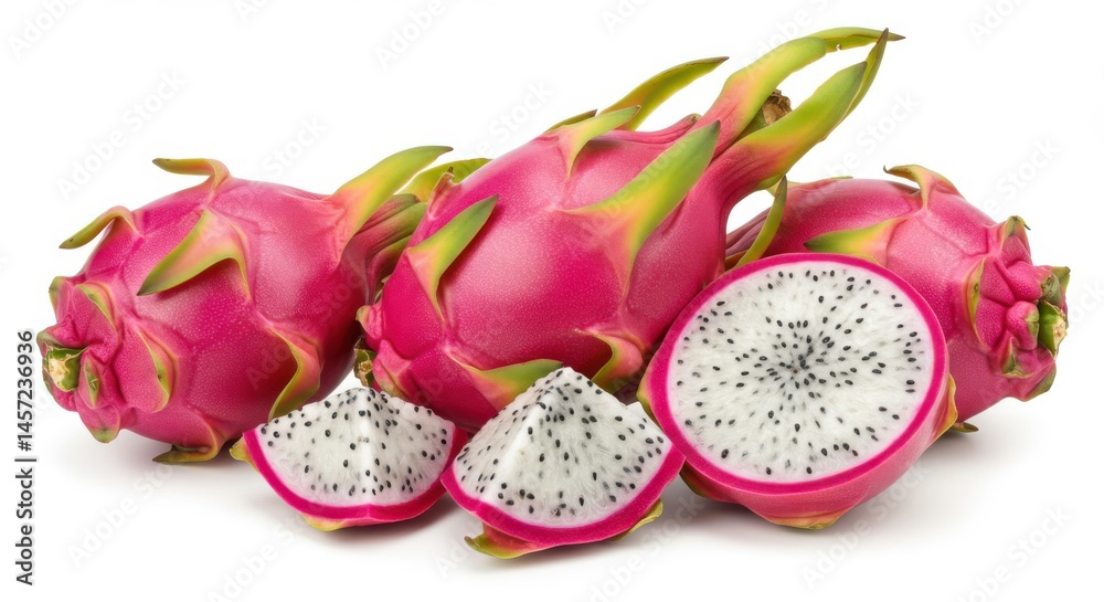 Arrangement of several dragon fruits whole and sliced displaying the white pulp with black seeds Arrangement of several dragon fruits whole and sliced displaying the white pulp with black seeds