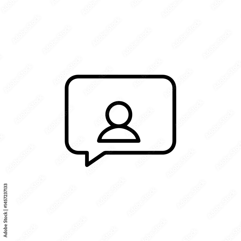 Simple communication icon showing person inside speech bubble. This communication symbol represents online messaging or social networking. Stylish communication icon perfect for social media or app d Simple communication icon showing person inside speech bubble. This communication symbol represents online messaging or social networking. Stylish communication icon perfect for social media or app d