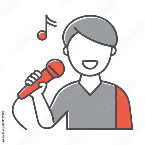 Singer holding a microphone and smiling against a simple background  