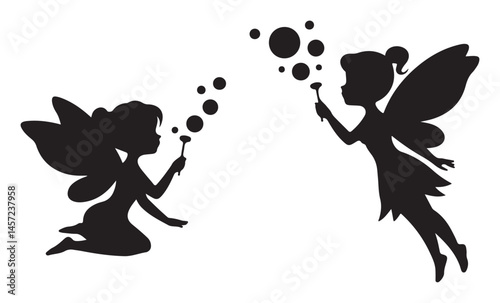 Collection of fairy silhouettes blowing soap bubbles, whimsical fantasy vector design on white background  