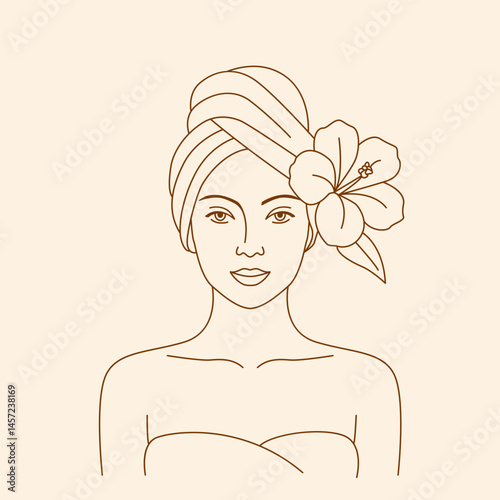 Beautiful girl with towel on her head and tropical flower in endless linear style. concept of spa procedures and relaxation and meditation. flat vector illustration isolated on white background