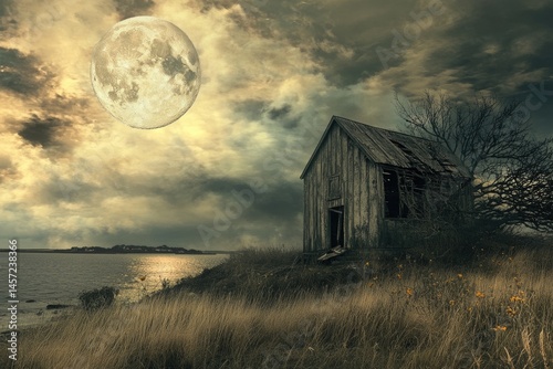 Abandoned shack by a lake under a full moon.  Gray skies, wild grass and a dilapidated wooden structure.  Tranquil, mysterious