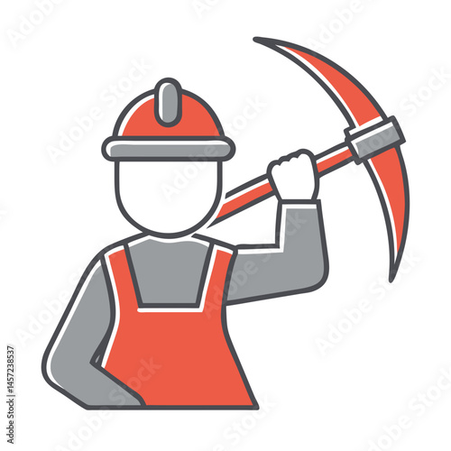 Miner Icon Holding Pickaxe in Gray and Red Color Scheme  