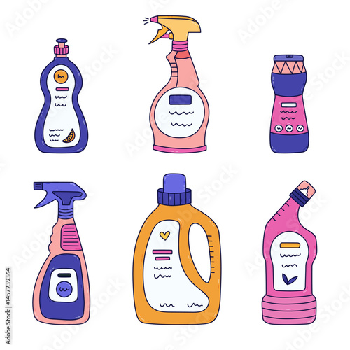 Childish colorful doodle set with detergent products in different bottles for housekeeping. Hand drawn laundry gel, dishwashing powder, toilet cleaner, spray. Cleanse apartment isolated clipart.
