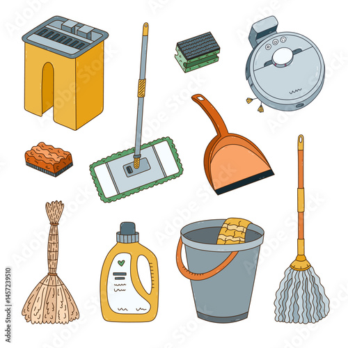 Childish multicolored doodle set with household tools for cleaning apartment. Hand drawn bucket, dustpan, robot vacuum cleaner, laundry gel, broom, scrubbing sponges. Funny washing clipart isolated.