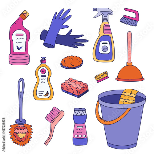 Colourful cleansing products and tools doodle set in trendy vivid colors. Hand drawn line bucket, toilet cleaner, brush, plunger, rubber gloves, dishwashing gel. Funny housekeeping clipart isolated.