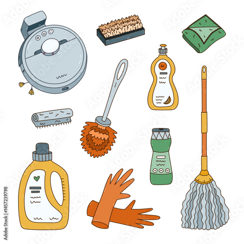 Trendy cartoon line set with washing apartment tools and detergent products. Hand drawn robot vacuum cleaner, toilet brush, mop, pair of rubber gloves, laundry gel. Multicolored cleansing doodle.