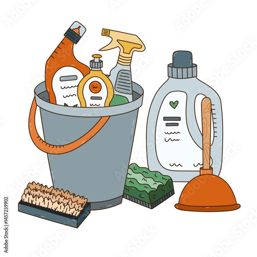 Lovely outline cartoon housework concept illustration with bucket and detergent products, liquids, rubber toilet plunger, scrubbing brushes. Funny doodle composition for website, poster, media.