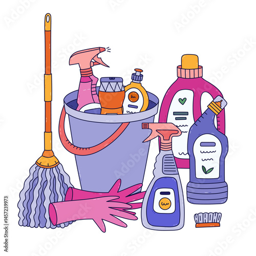 Childish multicolor doodle concept illustration of housekeeping and cleansing. Bucket with spray bottle, detergent gel in it, mop, rubber gloves, brush. Funny composition for banner, postcard, design.