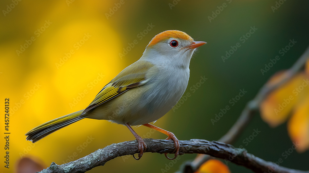 Fototapeta premium Common Tailorbird Perched on Weathered Branch — Detailed Side Profile in Natural Light