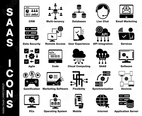 SAAS Solid Icons set, Api Integration, CRM customer relationship management, data security, agile development, software development, automation, cloud computing, marketing software, and more.