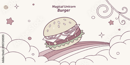 A whimsical unicorn burger design soaring over a rainbow perfect for branding food logos and cute menu illustrations