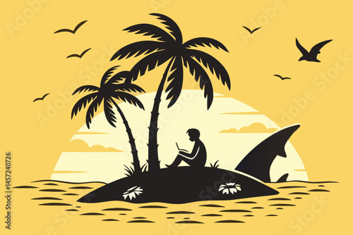 3 Tropical island silhouette, lone figure sitting, palm trees, shark fins circling, bright yellow background, sun rays, birds flying, minimalist design, vector illustration style, contrast, isolation 