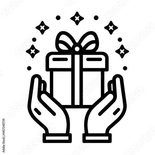 Vector icon of hands holding a gift box with sparkles  on transparent background for generosity, happiness for giving, celebrations, and joyful moments