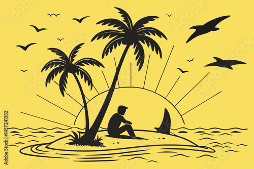 3 Tropical island silhouette, lone figure sitting, palm trees, shark fins circling, bright yellow background, sun rays, birds flying, minimalist design, vector illustration style, contrast, isolation 