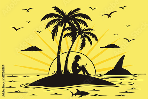 3 Tropical island silhouette, lone figure sitting, palm trees, shark fins circling, bright yellow background, sun rays, birds flying, minimalist design, vector illustration style, contrast, isolation 