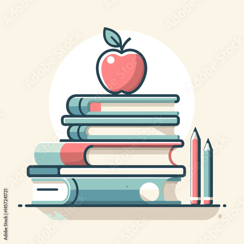 Books and an Apple Stacked on a Desk with Pencils  illustrating  education concepts.