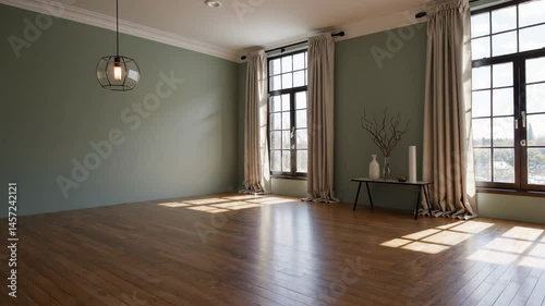 Sunlit minimalist room with tall windows highlighting natural decor flow