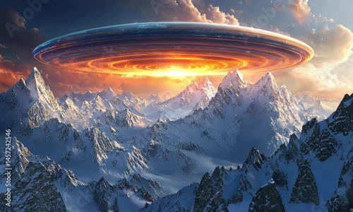 Majestic ufo hovers over snowy mountains at sunset with glowing sky