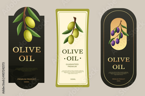 Elegant olive oil label set with realistic olive branches, premium typography, and minimal design. Ideal for packaging, branding, and gourmet food products.
