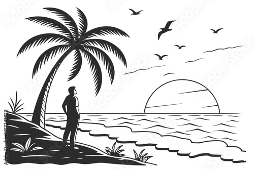 4 Silhouette, tropical beach sunset, lone figure standing, palm tree, ocean waves, seabirds in flight, black and white illustration, minimalist style, dramatic contrast, tranquil scene, horizon view, 