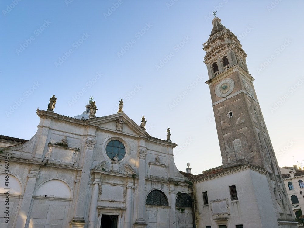 Campanile di Santa Maria Formosa clock tower and church in Venice, Italy in backlight