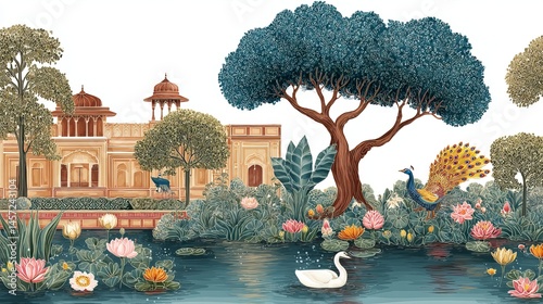 Fototapeta Naklejka Na Ścianę i Meble -  Mughal lake garden with swans lotuses peacocks palace scene for wedding invites
