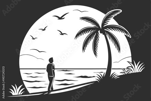 4 Silhouette, tropical beach sunset, lone figure standing, palm tree, ocean waves, seabirds in flight, black and white illustration, minimalist style, dramatic contrast, tranquil scene, horizon view, 