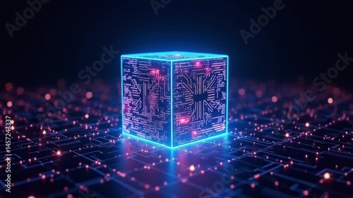 Glowing digital cube on circuit board, futuristic tech