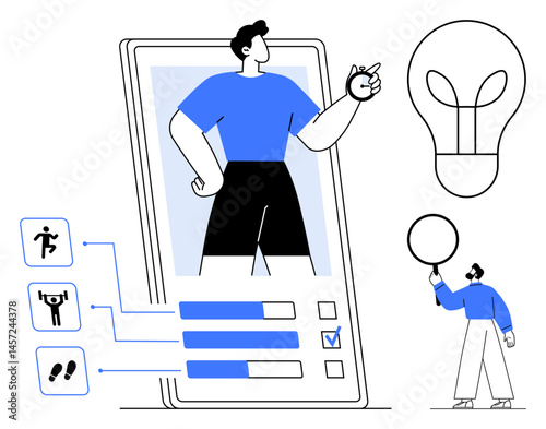 Wallpaper Mural Large smartphone screen displays fitness tracking progress. Activity icons and lightbulb symbolize innovation. Ideal for fitness, health, technology, inspiration, app design, progress, simple landing Torontodigital.ca