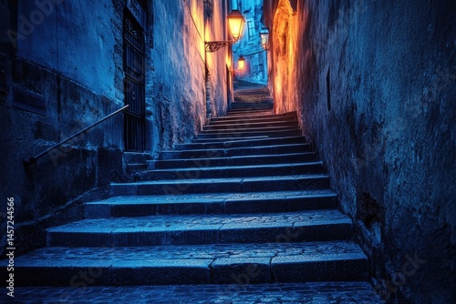 Nighttime cobblestone steps ascend a narrow, old European alleyway, lit by warm lamps