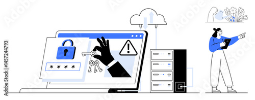 Hacking hand stealing keys from laptop screen, data server, cloud upload, and worried user. Ideal for cybersecurity, data protection, hacking risks, data breaches, cloud safety technology risks