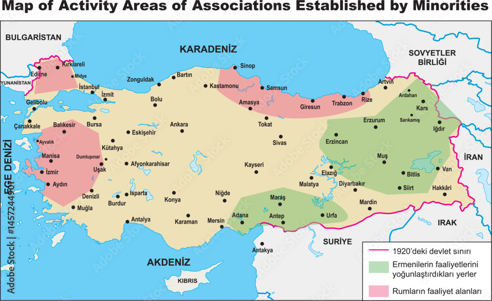 Fototapeta premium Map of the places where Armenian and Greek gangs operate. Map of Activity Areas of Associations Established by Minorities. Turkey borders turkish history map