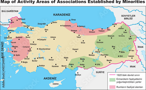 Map of the places where Armenian and Greek gangs operate. Map of Activity Areas of Associations Established by Minorities. Turkey borders turkish history map