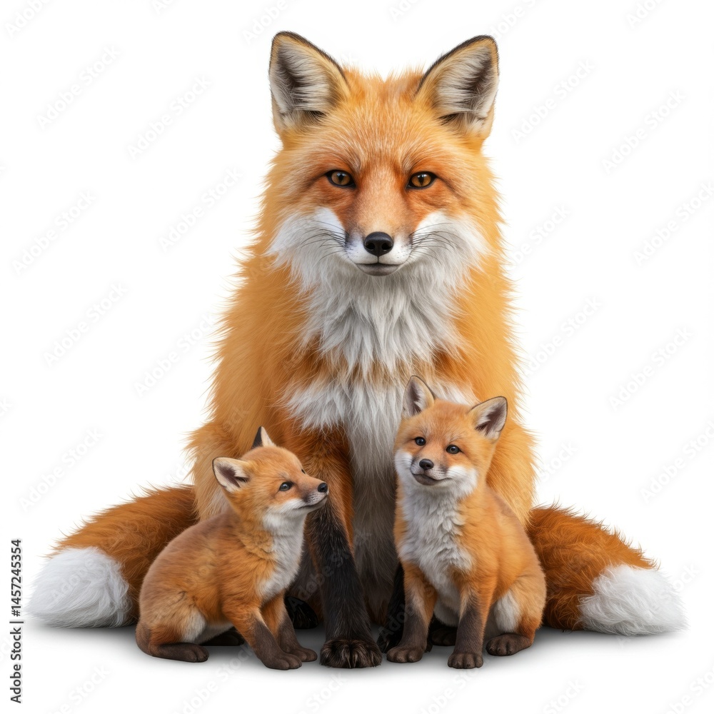 Fototapeta premium Red Fox and Kits Family Portrait Against White Background