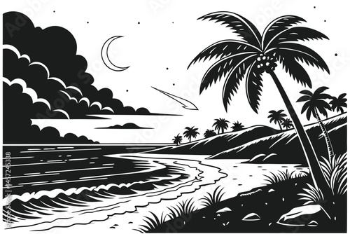 6 black and white illustration, tropical beach scene, sunset over ocean, palm trees silhouette, dramatic clouds, waves crashing, moonlit sky, shooting star, high contrast, detailed linework, woodcut s