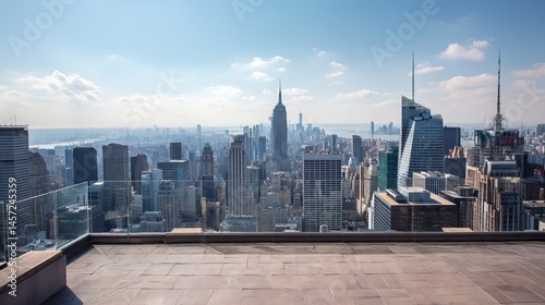 Skyscrapers New York downtown cityscape daytime view from empty rooftop