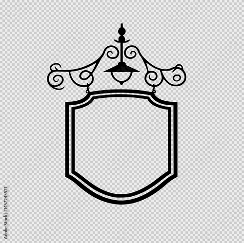 Minimalist black and white drawing of a vintage hanging shop sign with ornate scrollwork, subtle pastel shading, and timeless European charm on a clean white background.