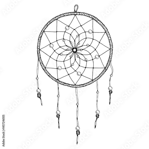 Vector illustration of a dreamcatcher in esoteric boho style with beads and ropes, hand-drawn in ink. Monochrome line art ideal for prints, tattoos, logo design, crafts, or spiritual visuals.