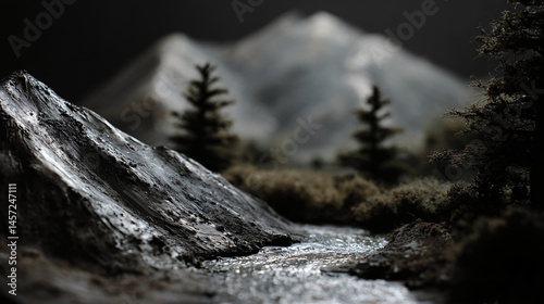 Gy sculpted mountain landscape with trees and a river, showcasing serene natural beauty