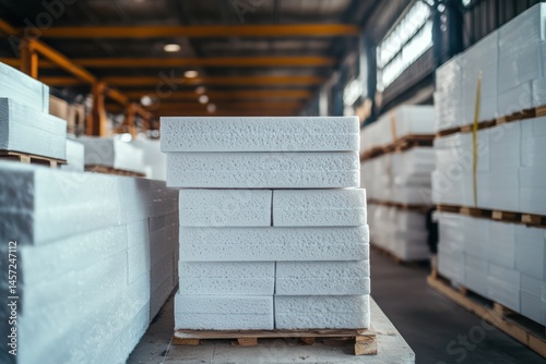 Stacked Styrofoam insulation panels inside warehouse storage photo